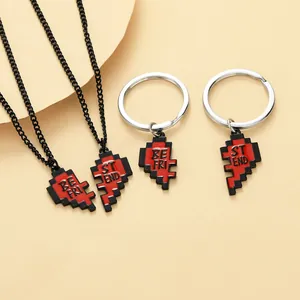 Pixel Art Hart Hanger Halsketting Sleutelhanger Rood Zwart Best Friend Legering Sieraden Voor Koppel Vriendschap Cadeau