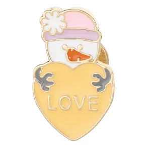 Cute snowman enamel brooch with pink hat and LOVE heart charm for accessory decoration