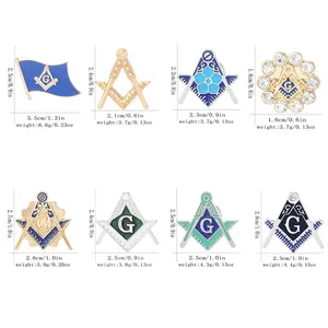 Set of eight Masonic pins with compass and square motifs, gold alloy and blue enamel details