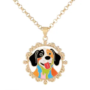 Colorful cartoon dog pendant necklace with gold hollow frame and fine link chain