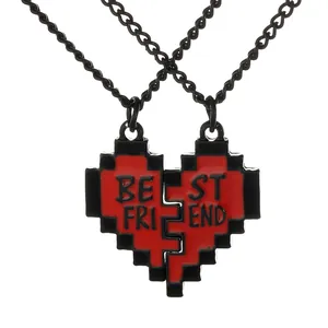 Pixel hart best friend kettingset in rood en zwart voor koppels en vrienden