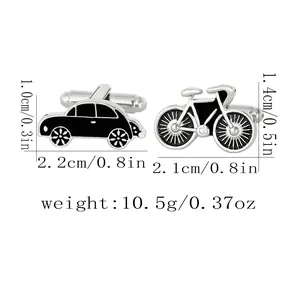 Silver cufflinks set featuring black enamel car and bicycle shapes for men shirts