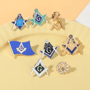 Detailed collection of Masonic Freemasonry pins with colorful enamel and crystal accents
