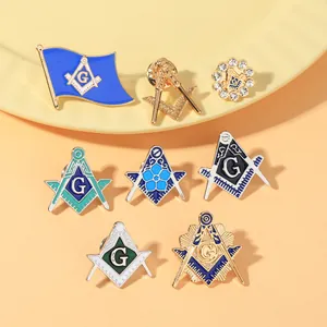 Vintage Alloy Enamel Freemasonry Brooch Badge For Men Women Masonic Square Compasses Letter G Rhinestone Lapel Pin Jewelry