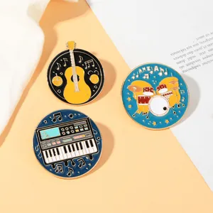 Detail view of colorful music badges with guitar, drum set, and keyboard patterns