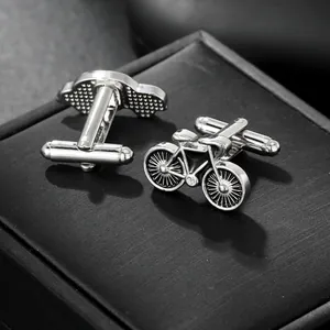 Vintage silver bicycle cufflinks for men's French shirts on black textured gift box