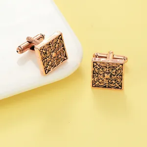 Boutons de manchette carrés or rose avec gravure florale vintage pour chemises