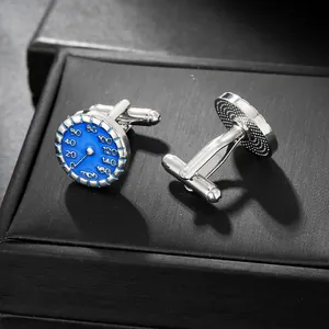 Men's blue enamel speedometer cufflinks with mph scale on black jewelry box