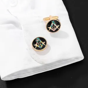 French style black enamel Masonic cufflinks for men's suits with colorful crystals
