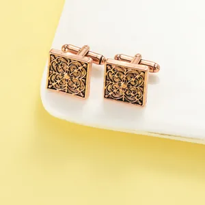 Boutons de Manchette Carrés Vintage Français Filigrane Ajouré Or Rose Alliage Business Mariage Chemise Homme Bijoux