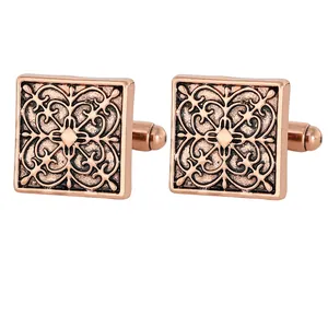 Boutons de manchette carrés en or rose avec motifs floraux vintage pour chemise d'affaires homme