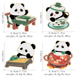 Set of four cute panda enamel pins featuring mahjong and hot pot themes in metal finish