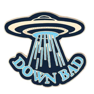 UFO design enamel brooch featuring blue light beams and DOWN BAD text on gold alloy base