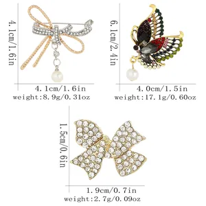 Vintage butterfly and bow brooches with colorful rhinestones, pearls and size specs