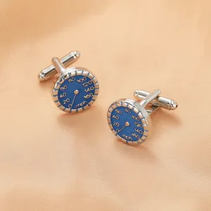 Macro view of blue speedometer cufflinks with silver mph dashboard design for mens shirts