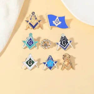 Detailed view of masonic pins featuring enamel oil dripping and rhinestone accents