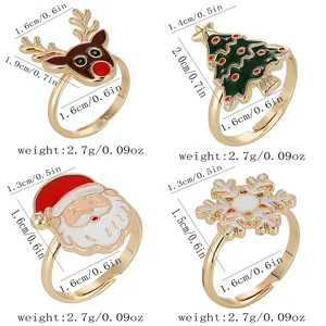 Adjustable Christmas rings set with enamel reindeer Santa and snowflake motifs