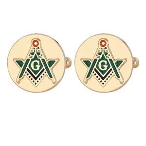 Boutons de manchette francs-maçons dorés avec emblème G en émail vert classique