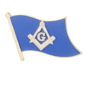 Blue Freemasonry flag brooch with gold plated Masonic compass G symbol on white background