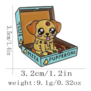 Detail view of dog pizza enamel pin showing 3.5cm by 3.2cm dimensions and metal texture