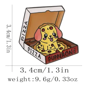 Cute puppy pizza enamel pin badge with Pupperoni text and dimensions of 1.3 inches