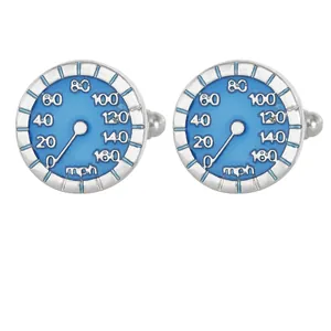 Silver speedo cufflinks with blue enamel speedometer dial design for men's business shirts