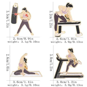 Set of four fitness female enamel brooches for backpacks including yoga and running motifs
