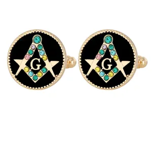 Classic round Masonic cufflinks for men with black enamel and colorful rhinestones