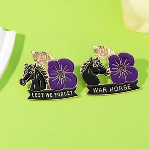 Detailed macro view of enamel Lest We Forget and War Horse purple poppy pins