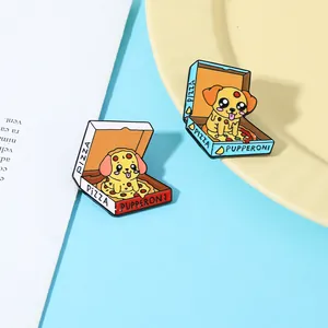 Detail of cute puppy pizza box enamel pin with pupperoni text and creative food theme