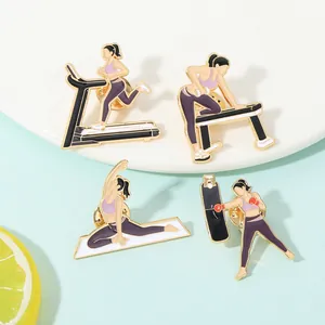 Set of four fitness enamel pins featuring treadmill, rowing, yoga, and boxing designs