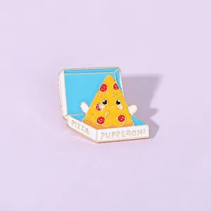Close-up of cute cartoon pizza enamel pin with Pupperoni lettering on a purple base