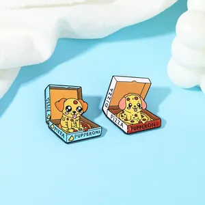 Detail of cute puppy pizza box enamel pins featuring colorful alloy lacquer finishes