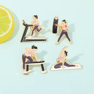 Detailed view of four fitness enamel pins showing yoga, running, and boxing poses