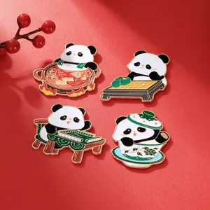 Set of 4 cute panda enamel pins featuring traditional Chinese hot pot and mahjong themes