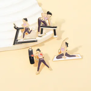 Detail view of four fitness enamel pins with gold plating for gym enthusiast bags