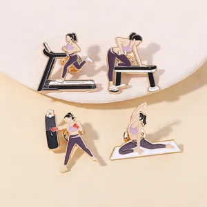Set of four fitness enamel pins featuring women running, lifting weights, and doing yoga