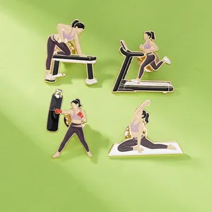 Detailed macro view of four fitness-themed enamel pins featuring yoga and running poses