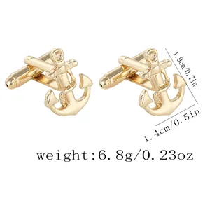 Polished golden anchor cufflinks for men with rope detail and product size specifications