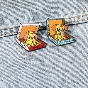 Cartoon puppy in pizza box enamel pins set on blue denim fabric background