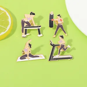 Set of four fitness enamel pins featuring boxing yoga and running on lime green backdrop