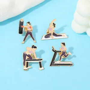 Detailed view of four fitness themed enamel pins on backpack featuring yoga and running
