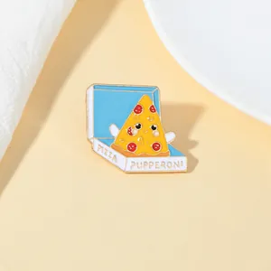 Cartoon pizza enamel pin in a cute box featuring smiling face and pupperoni text