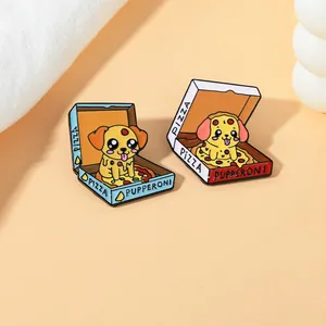 Close-up of enamel pizza puppy pins featuring colorful cartoon dogs in pizza boxes