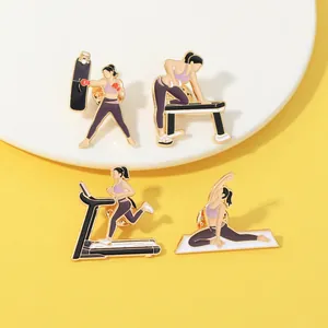 Detailed view of four fitness enamel pins showing women boxing, running and doing yoga