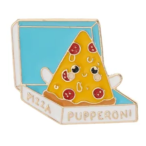 Cartoon pizza enamel pin with smiling face in a blue box, cute foodie badge accessory