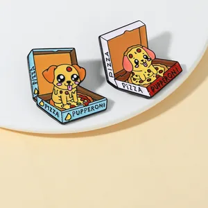 Detail of creative puppy pizza box enamel pins with colorful food illustrations