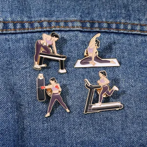 Set of four fitness enamel pins featuring women exercising on blue denim background