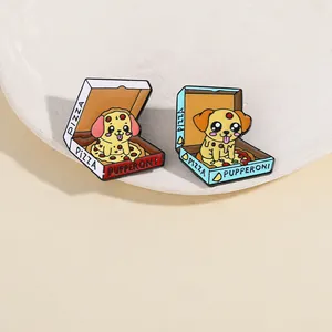 Macro view of cute enamel puppy pizza pins with detailed Pupperoni and Pizza text