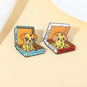 Close-up of Pupperoni pizza dog enamel pins featuring colorful drip oil details and boxes